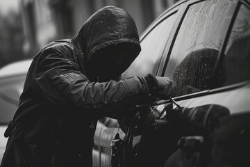 A person in a hooded jacket attempting to break into a car with a tool. - obrazy, fototapety, plakaty