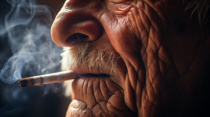 A close-up the mouth of an elderly person, lips slightly parted as they exhale a stream of cigarette smoke. - obrazy, fototapety, plakaty