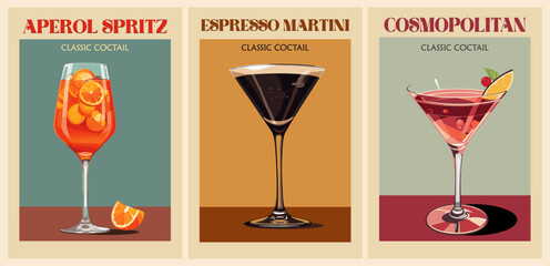 Cocktails retro poster set. Aperol Spritz, Espresso Martini, Cosmopolitan. Collection of popular alcohol drinks. Vintage flat vector illustrations for bar, pub, restaurant, kitchen wall art print.