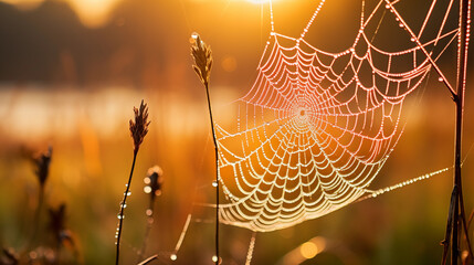 Spider web between two plant stems with dew in the morning backlight - obrazy, fototapety, plakaty