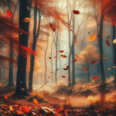 Magical autumn forest with sunlight shining through and leaves dancing in the wind
