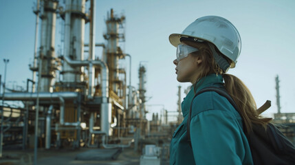 Woman engineer inspecting in industrial oil refinery wearing construction helmet 