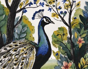 Colorful watercolor painting depicting a peacock with bright plumage surrounded by blossoming flowers and foliage