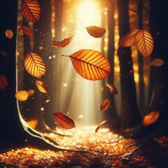 Sunlight penetrates the forest, illuminating the swirling autumn leaves in a magical dance