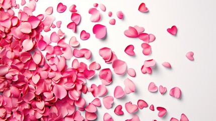 Pink rose petals white background. Romantic card background.
