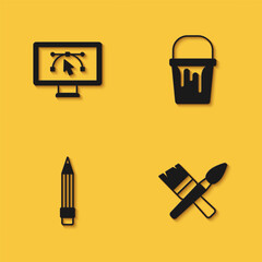 Set Computer with design program, Paint brush, Pencil eraser and bucket icon with long shadow. Vector