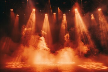 A dramatic stage with bright lights and smoke effects.