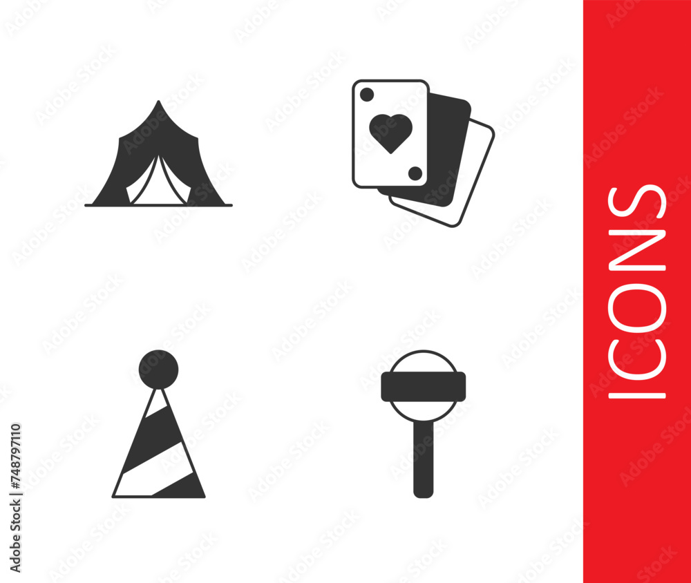 Wall mural Set Lollipop, Circus tent, Party hat and Playing cards icon. Vector