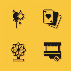 Set Balloons with ribbon, Fast street food cart, Ferris wheel and Playing cards icon with long shadow. Vector