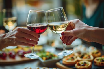 Obraz premium A close-up of hands toasting with glasses of red and white wine over a table with appetizers.
