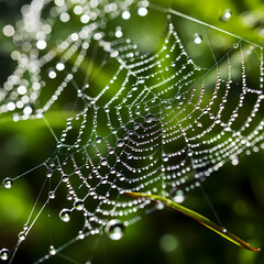 A macro shot of a dew-covered spider web. 