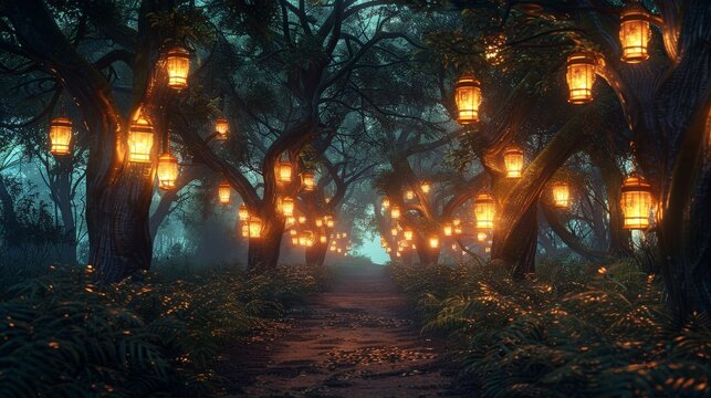 An image of a tranquil forest pathway lit by numerous hanging lanterns, conveying a peaceful yet mysterious evening setting.