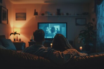 A couple sitting on a couch watching television in a dimly lit room.