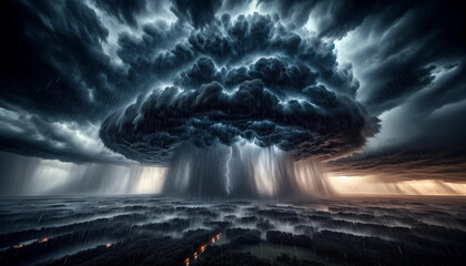 A panoramic view of a dramatic sky filled with dark, heavy rain clouds. Raindrops are seen falling from the sky, with occasional flashes of lightning - obrazy, fototapety, plakaty