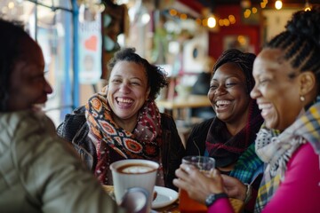 A group of black women smiling and gathered in a cafe, toasting and celebrating friendship and Women's Day with joy