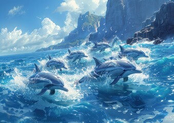 group of dolphins jumping through the water during migration