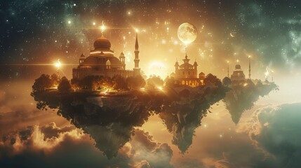 The majestic fantasy mosque floats among fluffy clouds in the starry sky, accompanied by a shining moon, inviting one to a world of dreams and imagination.
