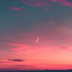 A minimalistic background with a pattern of crescent moons and stars, set against a dusty pink sky.