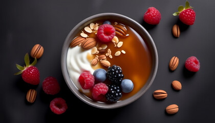 From above close up of yogurt with caramel sauce, berries, oats and nuts on gray background, minimal composition

