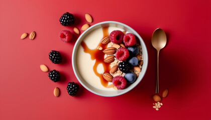 From above close up of yogurt with caramel sauce, berries, oats and nuts on red background, minimal composition