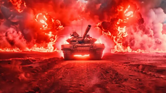 A generic military armored vehicle crosses minefields and smoke in the desert on a wide poster design that includes copy space