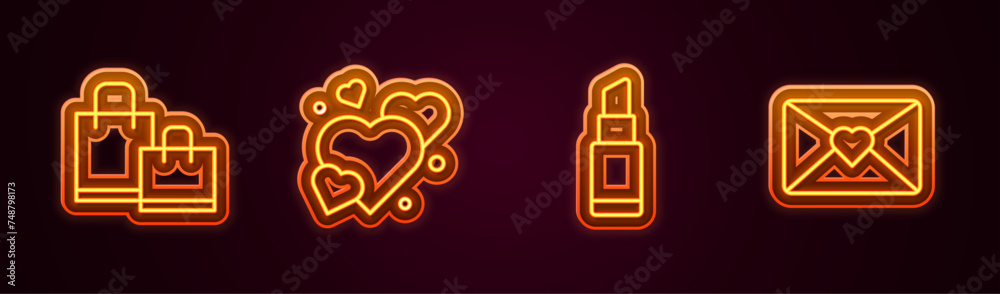 Canvas Prints Set line Paper shopping bag, Heart, Lipstick and Envelope with 8 March. Glowing neon icon. Vector