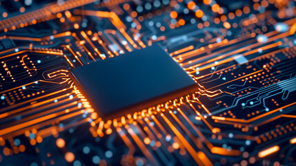 Advanced technology theme, 5G chipset on a motherboard. - obrazy, fototapety, plakaty