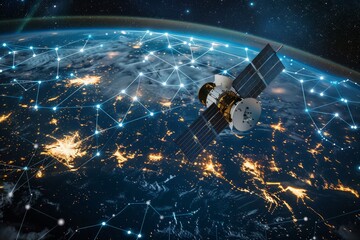 A satellite orbiting Earth with illuminated network connections overlaying the planet.