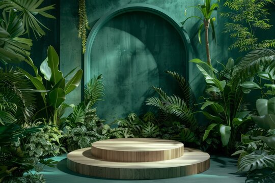 A circular podium surrounded by lush greenery in a room with green walls and an arched opening.