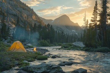 Camping tent set up by a river in a mountain valley with a campfire and the sun setting behind the peaks. - obrazy, fototapety, plakaty