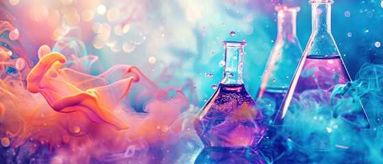 Whimsical watercolor science theme with floating flasks and splashing liquids, saturated colors