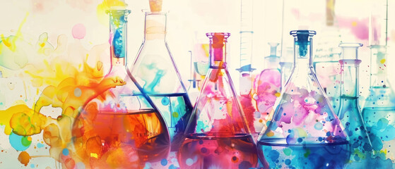 Whimsical watercolor science theme with floating flasks and splashing liquids, saturated colors - obrazy, fototapety, plakaty