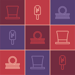 Set line Cylinder hat, Roller coaster and Ice cream icon. Vector