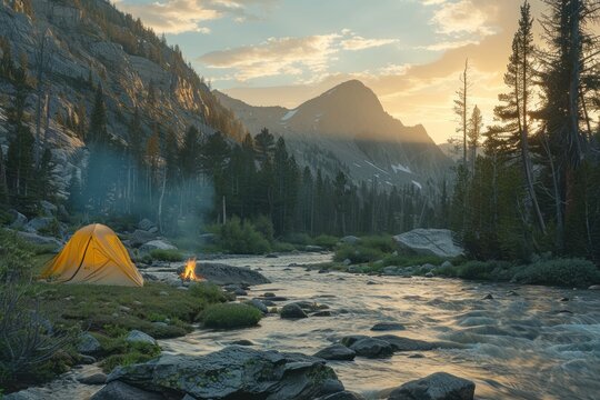 Camping tent set up by a river in a mountain valley with a campfire and the sun setting behind the peaks.