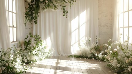 studio setting backdrop for wedding with no people in white theme and sunlight
