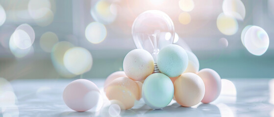 Conceptual still life with light bulb and pastel eggs, centered composition, soft diffuse lighting