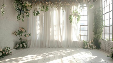studio setting backdrop for wedding with no people in white theme and sunlight
