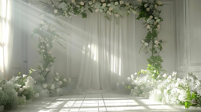 studio setting backdrop for wedding with no people in white theme and sunlight