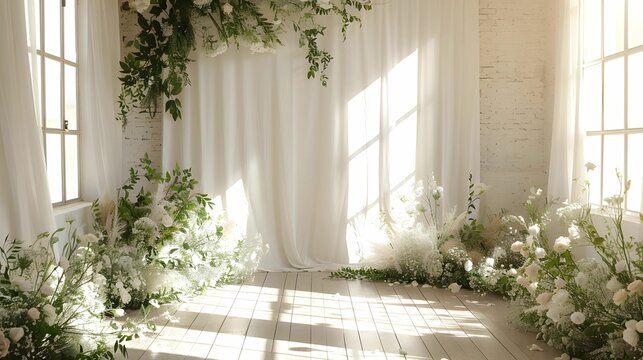 studio setting backdrop for wedding with no people in white theme and sunlight