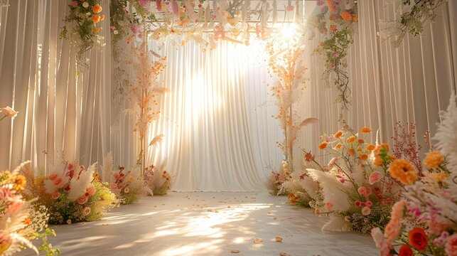 studio setting backdrop for wedding with no people in white theme and sunlight