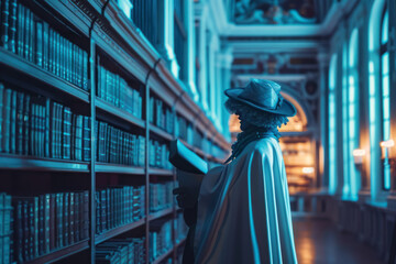 Time-traveler's paradox with modern-day scientist and Renaissance-era doppelg?nger in library, blending futuristic tech with classical architecture