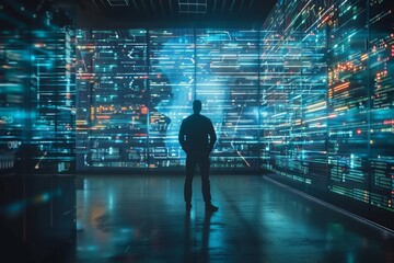 Person standing in front of a large screen displaying complex coding data. - obrazy, fototapety, plakaty