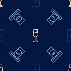 Set line Online poker table game, Automated teller machine and money and Wine glass on seamless pattern. Vector