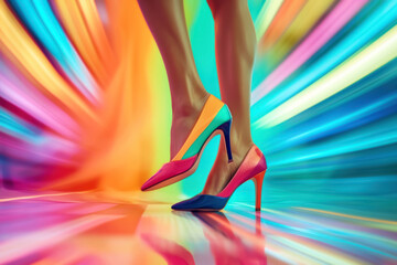 Creative fashion shot of woman's legs in multicolored high heels, intersecting angles - obrazy, fototapety, plakaty