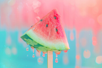 Surreal summer scene with watermelon slice as a popsicle, dripping paint effect, bright color blocking