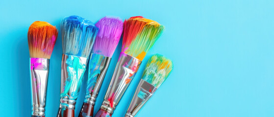 Artistic paintbrushes with colorful bristles arranged in fan shape, sky blue background, minimal shadows, precise detail capture