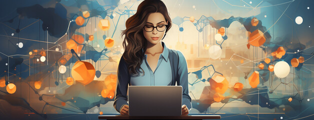 Wide illustration drawing of cute pretty business news presenter woman looking at the camera holding a laptop computer on her hand in colorful lines and dots digital futuristic technological backdrop - obrazy, fototapety, plakaty