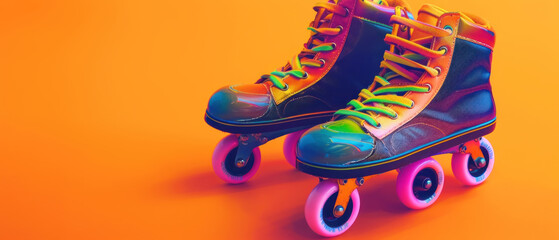 Retro roller skates with rainbow laces, bright orange background, pop art feel, vivid color rendering, sharp detail