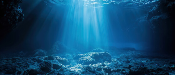 Underwater scene with blue spotlight from above, simulating ocean depths, mysterious ambiance - obrazy, fototapety, plakaty