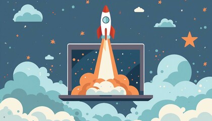 Digital Launchpad: Rocket Emerges from Laptop Screen, the concept of digital innovation with an image showing a rocket blasting off from a laptop screen, AI - obrazy, fototapety, plakaty